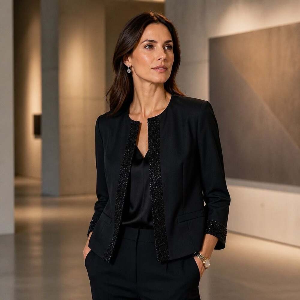 VOTRE NOM Collection Black 100% Silk Beaded Trim Open Front Blazer Size 2